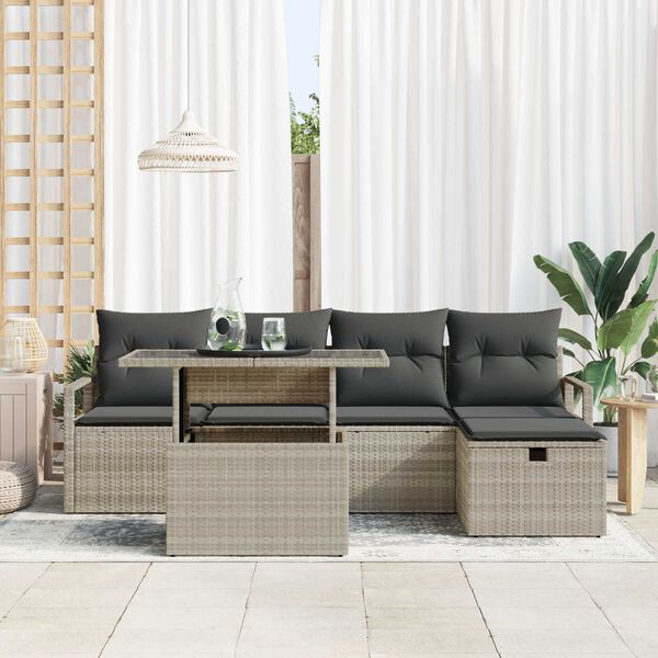 vidaXL Tuin Sofa Set met kussen met opslag 6 pcs Lichtgrijs Poly riet