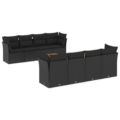 vidaXL 9-delige Loungeset met kussens poly rattan zwart