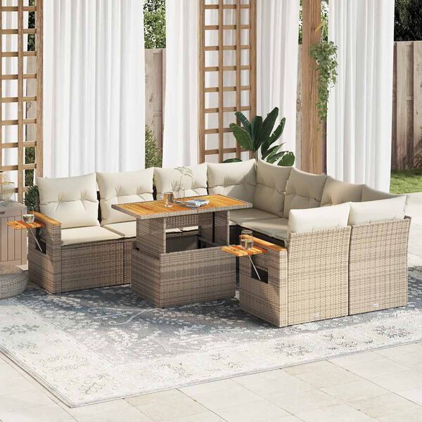 vidaXL 9-delige Loungeset met kussens poly rattan acacia beige