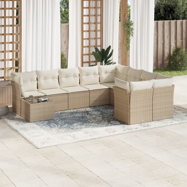 vidaXL 10-delige Loungeset met kussens poly rattan beige