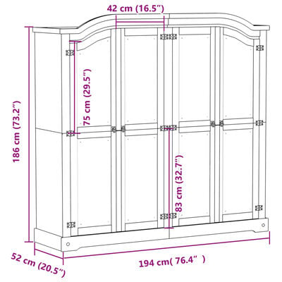 vidaXL Kledingkast Corona wit 194x52x186 cm massief grenenhout