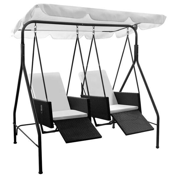 vidaXL Schommelstoel voor buiten 2-zits met luifel poly rattan zwart