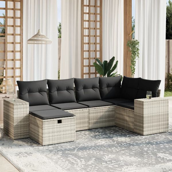 vidaXL 6-delige Loungeset met kussens poly rattan lichtgrijs