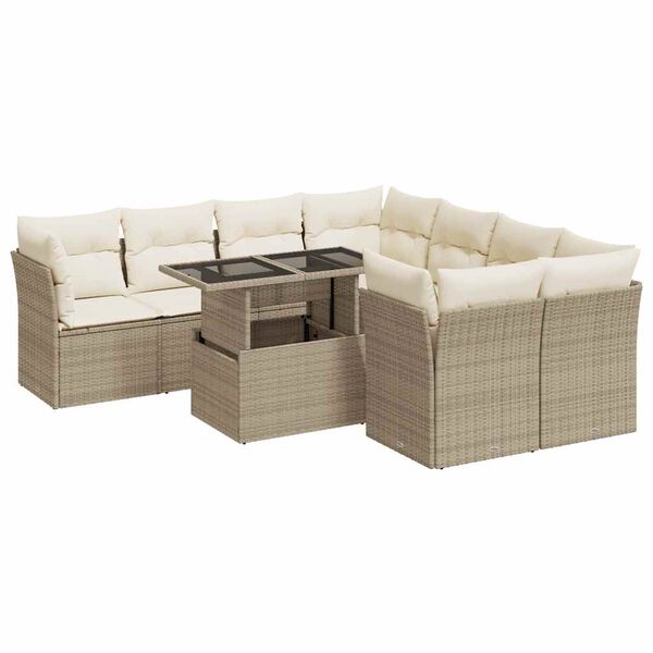 vidaXL 9-delige Loungeset met kussens poly rattan beige