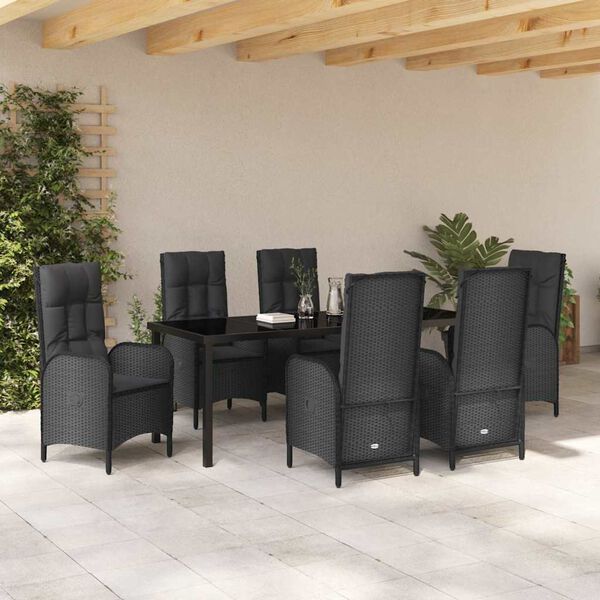 vidaXL Tuin eettafelset met kussen 7 pcs Zwart poly rattan