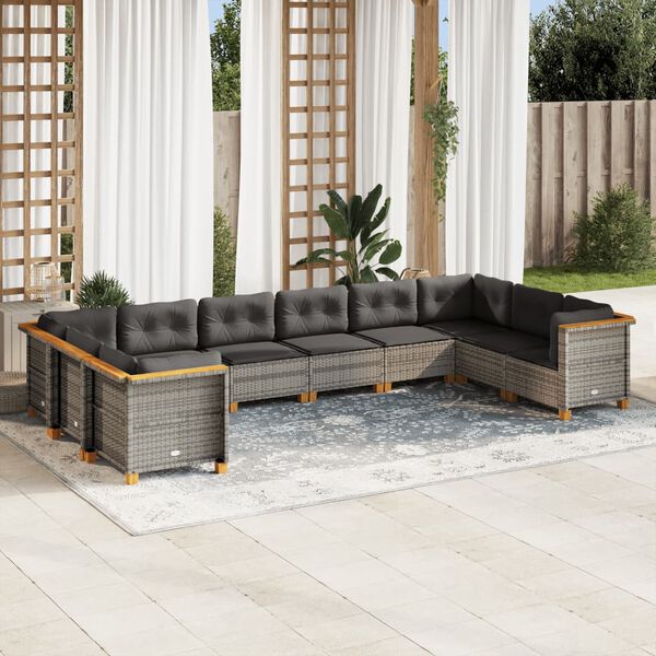 vidaXL 10-delige Loungeset met kussens poly rattan grijs