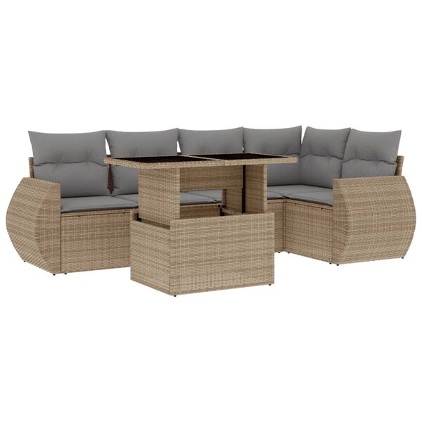vidaXL 6-delige Loungeset met kussens poly rattan beige