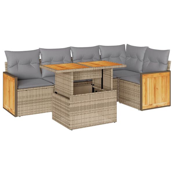 vidaXL 6-delige Loungeset met kussens poly rattan acacia beige