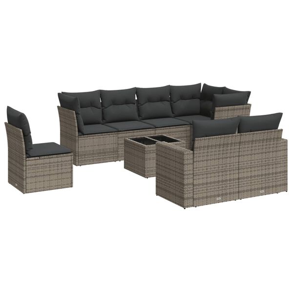 vidaXL 9-delige Loungeset met kussens poly rattan grijs