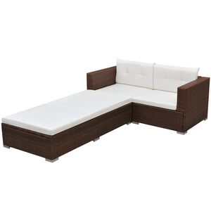 vidaXL 3-delige Loungeset met kussens poly rattan bruin