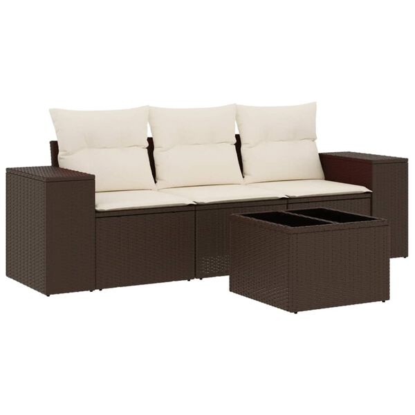 vidaXL 4-delige Loungeset met kussens poly rattan bruin