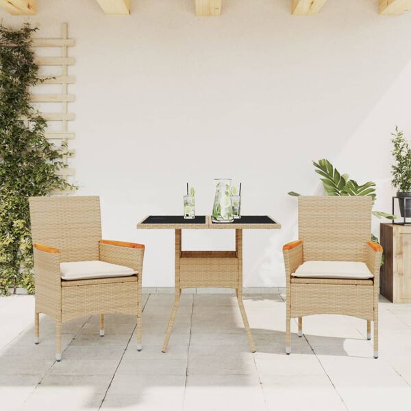 vidaXL 3-delige Tuinset met kussens poly rattan en glas beige