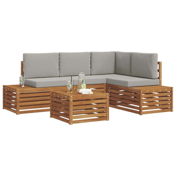 vidaXL Buiten bankenset met kussen 5 Stuk Natuurlijk en Lichtgrijs