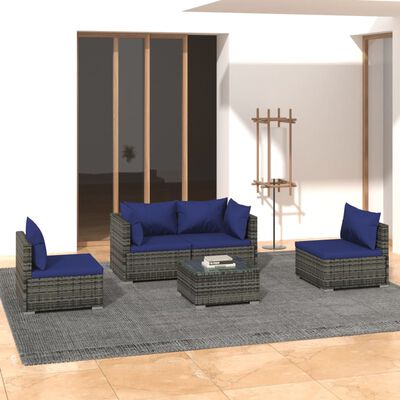 vidaXL 5-delige Loungeset met kussens poly rattan grijs