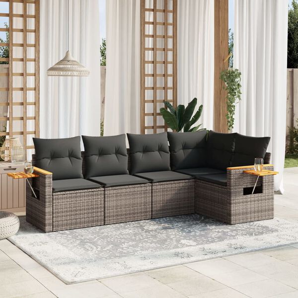 vidaXL 5-delige Loungeset met kussens poly rattan grijs