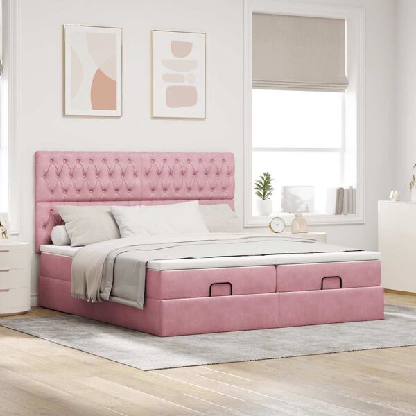 vidaXL Ottoman bed met matrassen en LED's 160x200cm fluweel roze
