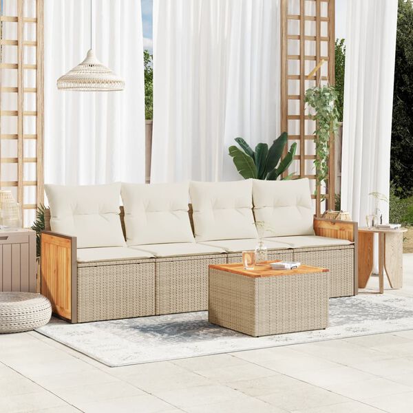 vidaXL 5-delige Loungeset met kussens poly rattan beige