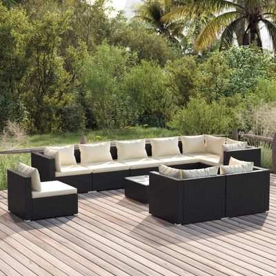 vidaXL 10-delige Loungeset met kussens poly rattan zwart