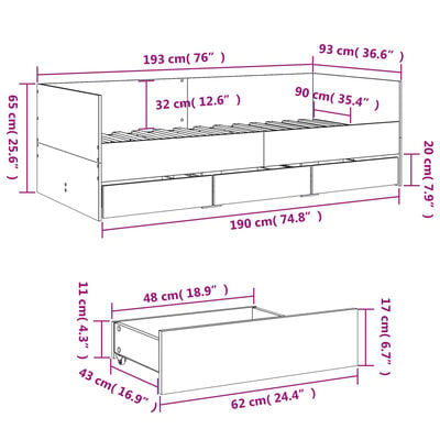 vidaXL Slaapbank met lades zonder matras 90x190 cm grijs sonoma eiken