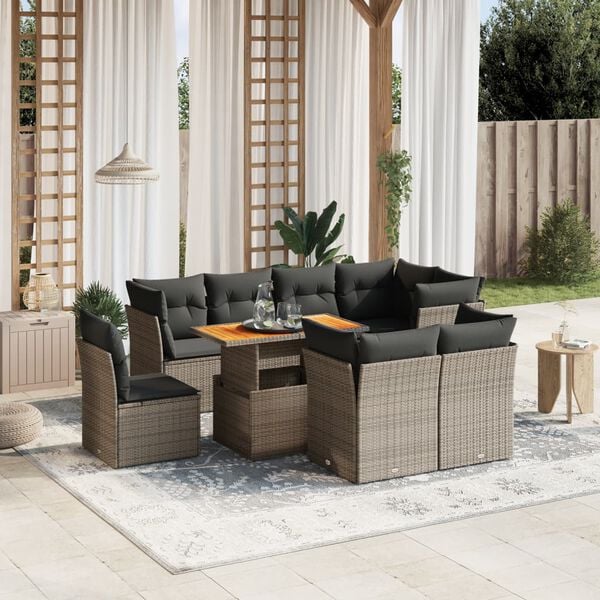 vidaXL 9-delige Loungeset met kussens poly rattan grijs