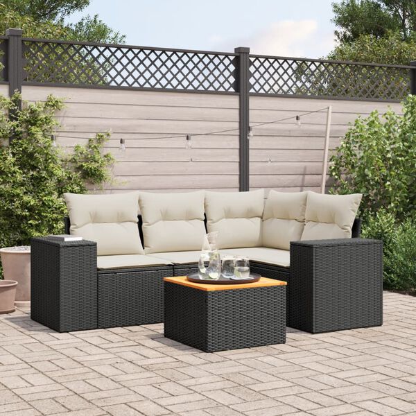 vidaXL 5-delige Loungeset met kussens poly rattan zwart