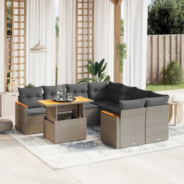 vidaXL 9-delige Loungeset met kussens poly rattan grijs