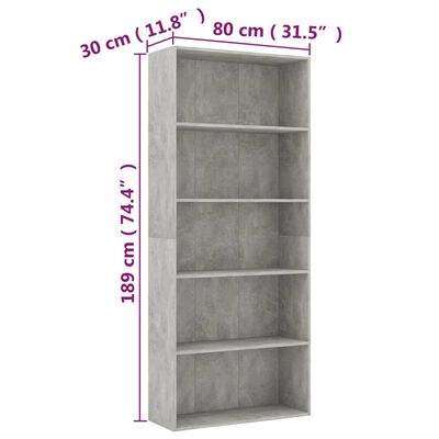 vidaXL Boekenkast met 5 schappen 80x30x189 cm bewerkt hout betongrijs