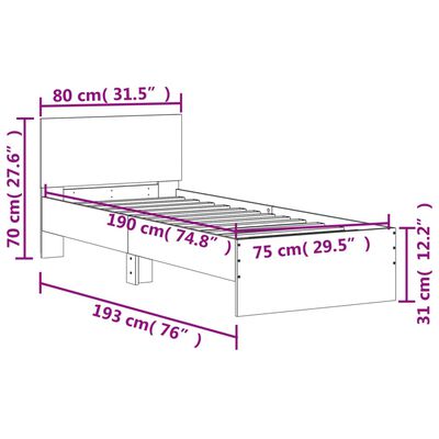 vidaXL Bedframe met hoofdbord en LED bruin eikenkleur 75x190 cm