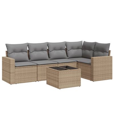 vidaXL 6-delige Loungeset met kussens poly rattan beige