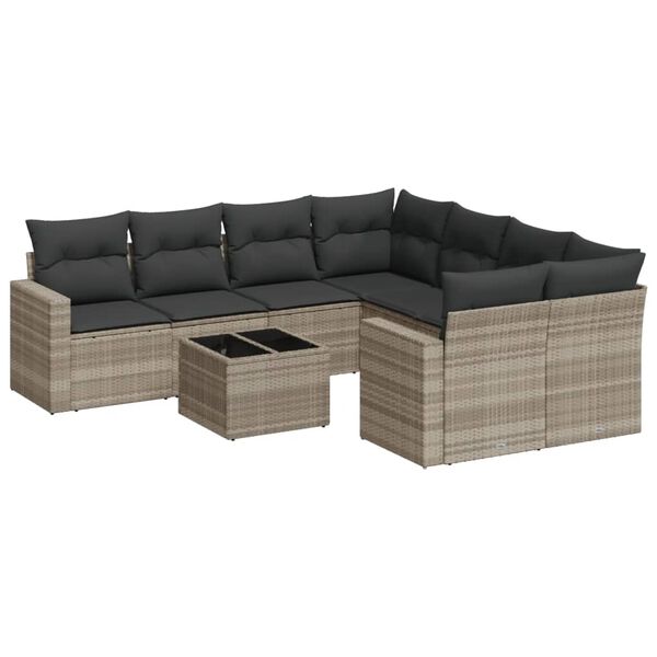 vidaXL 9-delige Loungeset met kussens poly rattan lichtgrijs