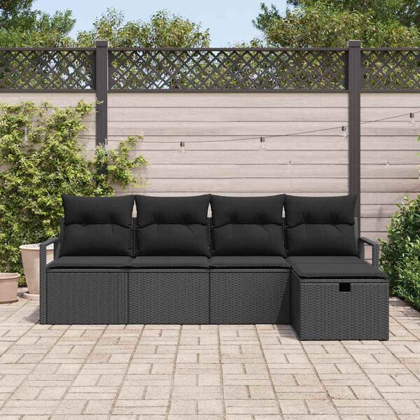 vidaXL Bankstel met kussen met opslag 5 pcs Zwart poly rattan