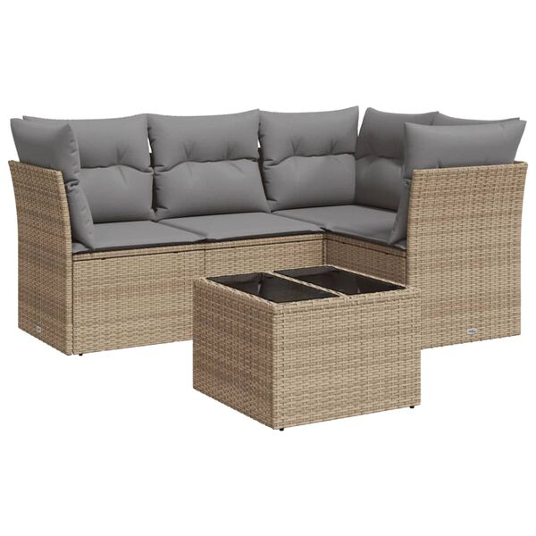 vidaXL 5-delige Loungeset met kussens poly rattan beige