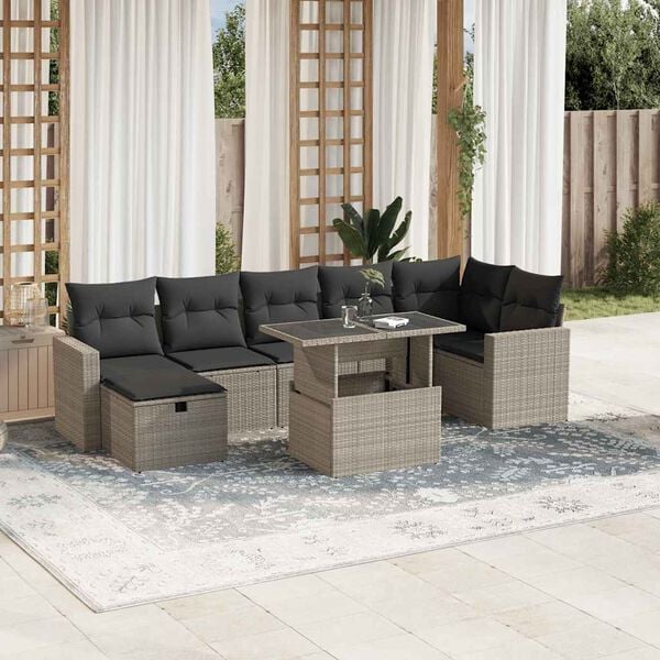 vidaXL 8-delige Loungeset met kussens poly rattan lichtgrijs