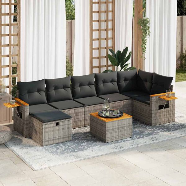 vidaXL 8-delige Loungeset met kussens poly rattan grijs