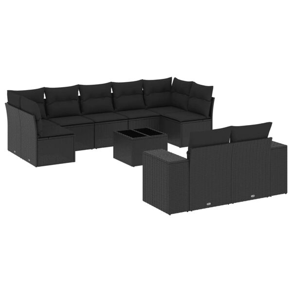 vidaXL 10-delige Loungeset met kussens poly rattan zwart