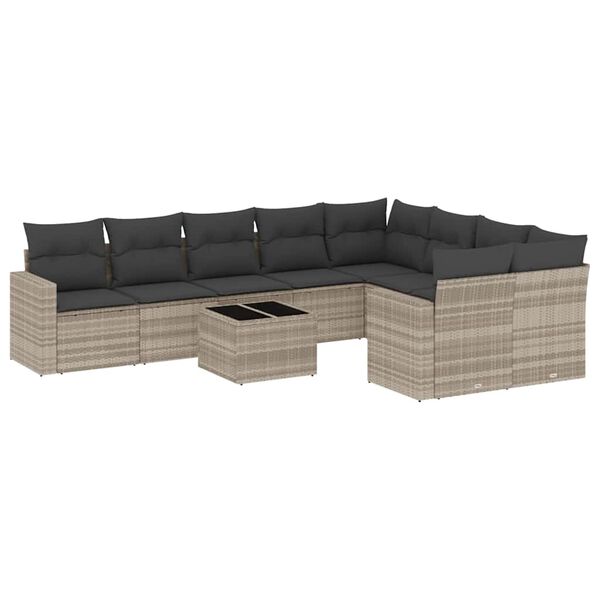 vidaXL 10-delige Loungeset met kussens poly rattan lichtgrijs