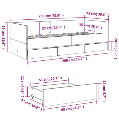 vidaXL Slaapbank met lades zonder matras 90x200 cm grijs sonoma eiken