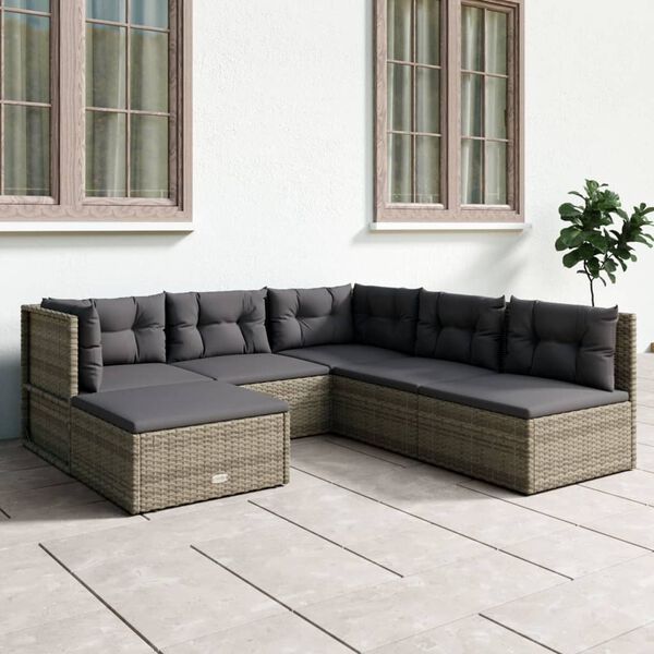 vidaXL 6-delige Loungeset met kussens poly rattan grijs