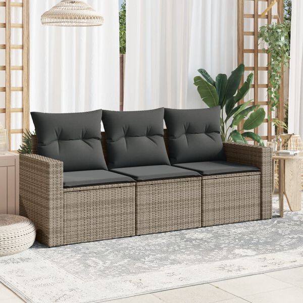 vidaXL 3-delige Loungeset met kussens poly rattan grijs