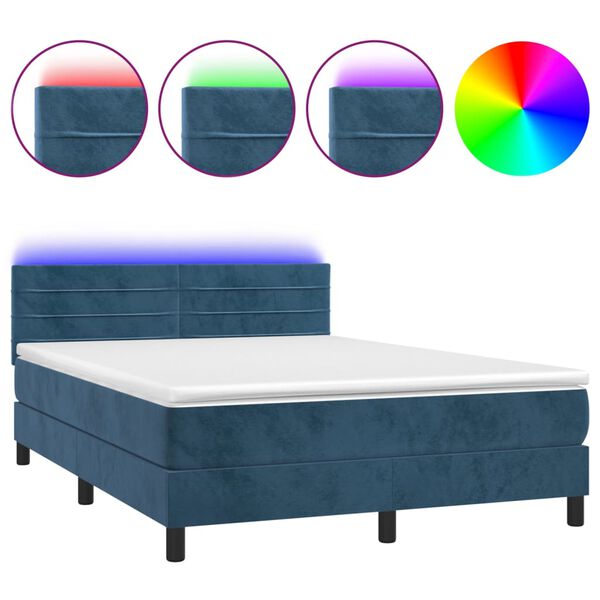 vidaXL Boxspring met matras en LED fluweel donkerblauw 140x190 cm
