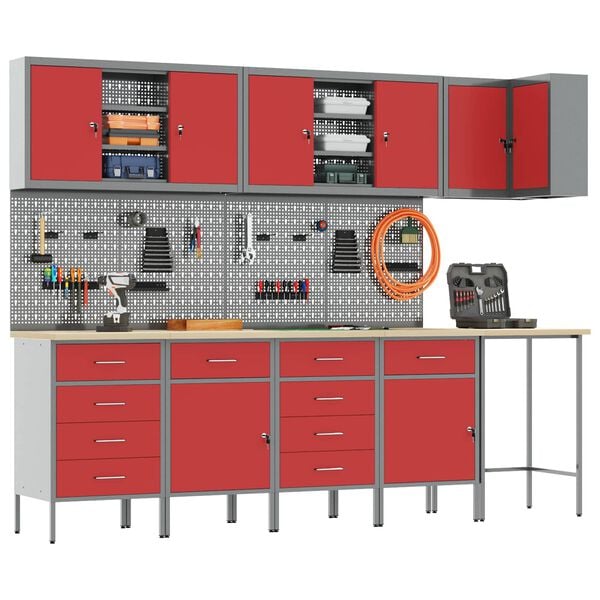 vidaXL Werkkast set met lade met plank met opslag 12 pcs Rood en Grijs
