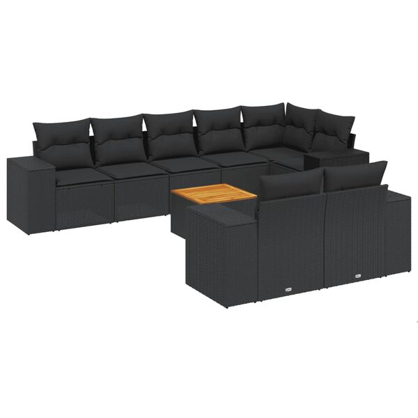 vidaXL 9-delige Loungeset met kussens poly rattan zwart