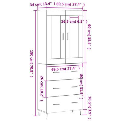 vidaXL Hoge kast 69,5x34x180 cm bewerkt hout zwart