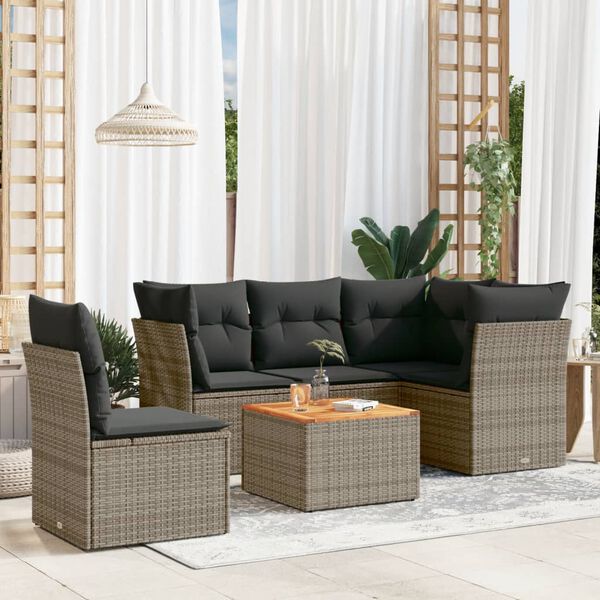 vidaXL 6-delige Loungeset met kussens poly rattan grijs