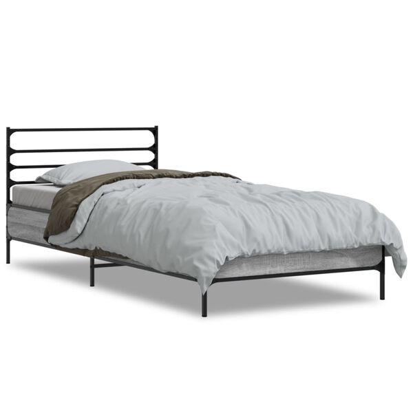 vidaXL Bedframe bewerkt hout en metaal grijs sonoma eiken 90x200 cm