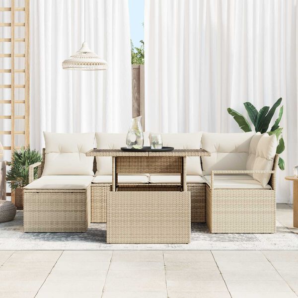 vidaXL Tuin Sofa Set met opslag 7 pcs Beige Poly riet