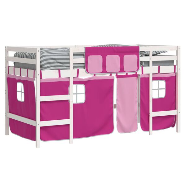 vidaXL Kinderhoogslaper met gordijnen 90x200 cm grenenhout roze