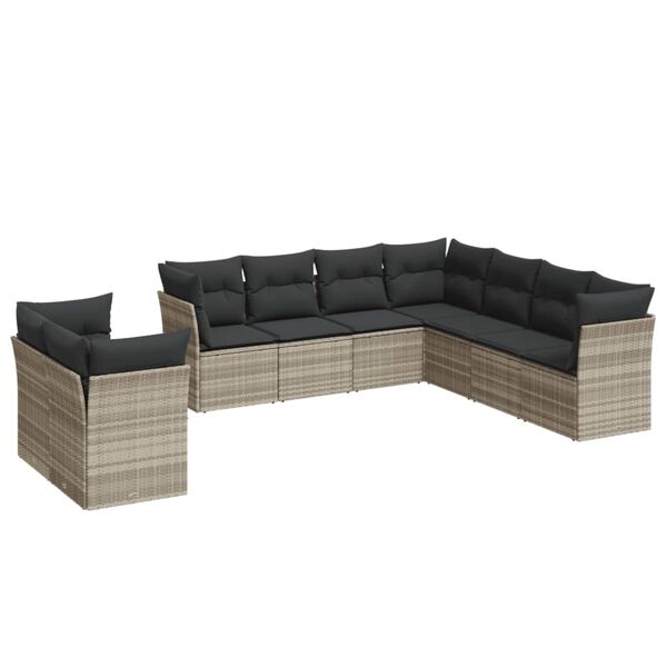 vidaXL 9-delige Loungeset met kussens poly rattan lichtgrijs