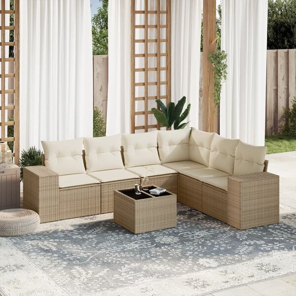 vidaXL 7-delige Loungeset met kussens poly rattan beige