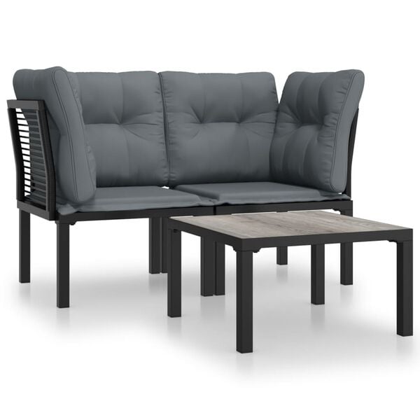 vidaXL 3-delige Loungeset met kussens poly rattan zwart en grijs